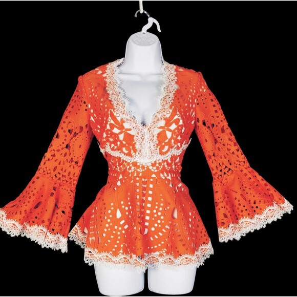 Dramatic Peplum Regency Style Size M Tangerine Embroidery Castle Milkmaid Eyelet - Picture 1 of 12